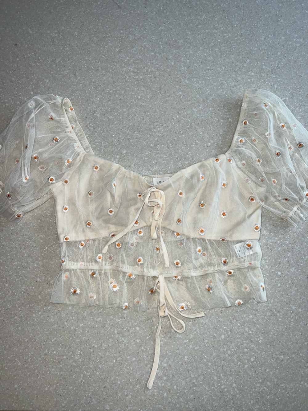 Le Lis Cream Sheer Daisy Tie-Front Crop Top